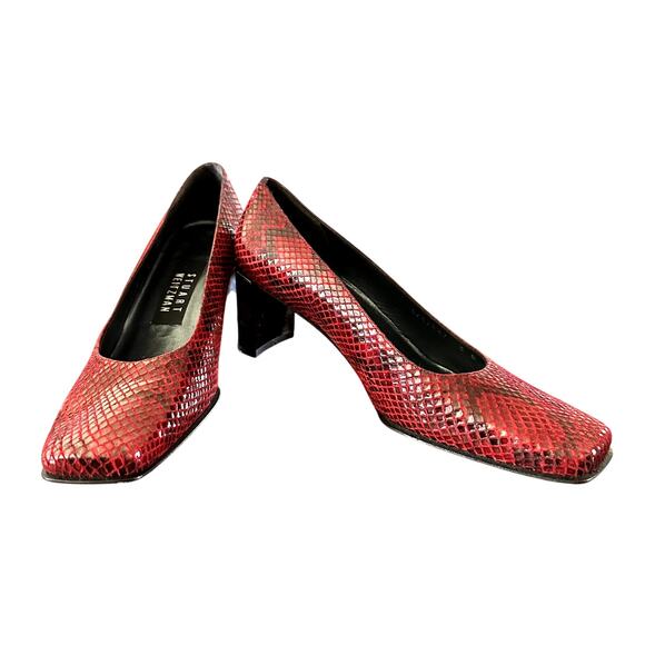 Stuart Weitzman Pumps Red Burgundy Snakeskin Leather Block Heel Size 8.5 - Picture 2 of 6